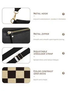 Détails des crochets dorés, fermetures éclair et sangles à damier sur le sac bandoulière