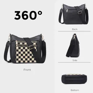 Viste multiple di una borsa a tracolla vintage a scacchi con cerniere e tracolla larga