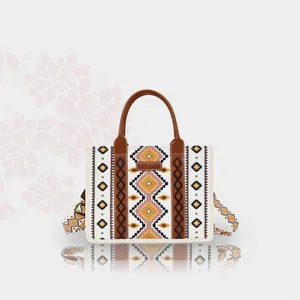 Detail der Bohemian Canvas Tote Bag mit geometrischem Druck und Ledergriff Detail