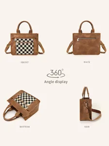 Detailed views of checkered PU leather handbag showing front, back, bottom, and side angles