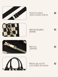 Detail view of woven checkered tote bag with adjustable strap and golden metal hardware