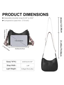 Detailed size chart for crescent bag showing dimensions and adjustable strap length