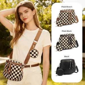 Women's Vintage Checkerboard Crossbody Bag With Detachable Round Purse Adjustable Strap Lychee Leather Saddle Bag