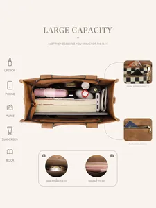 Brown PU leather tote bag showing large capacity with internal compartments and pockets