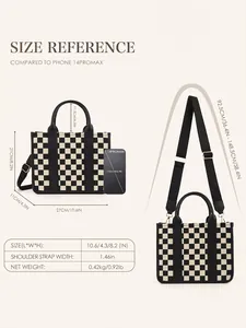 Size chart showing dimensions of checkerboard tote bag relative to iPhone 14 Pro Max
