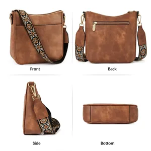 Detailed views of vintage brown crossbody bag with wide jacquard strap from four angles