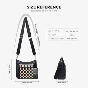 Tabella taglie borsa a tracolla a scacchi con dimensioni dettagliate 26x24x8 cm e peso