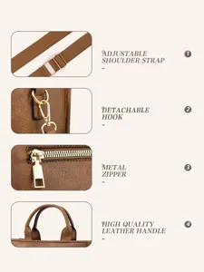 Detail view of brown PU leather bag with adjustable strap and metal hardware