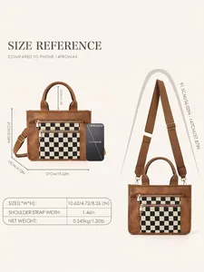 Size guide for PU tote bag showing dimensions and height compared to a smartphone