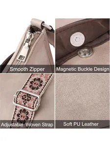 Detail view of smooth PU leather bag with floral woven strap and metal zipper hardware