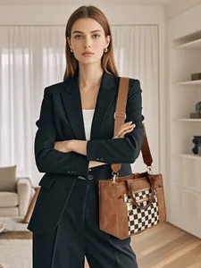 Brown PU leather crossbody bag with checkered pocket and dual zipper details shown on model