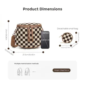 Brown checkered shell bag with size chart, detachable small pouch and adjustable strap
