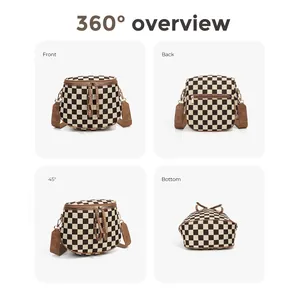 Classic checkered crossbody shell bag with brown leather trim and wide strap 360 overview