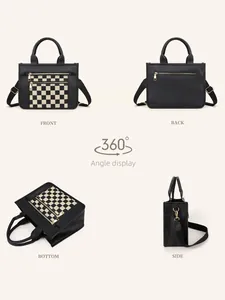 Detailed multi-angle views of black faux leather tote with checkerboard zipper pocket