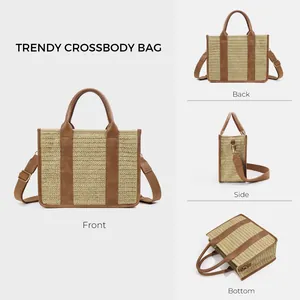 Straw patchwork crossbody tote bag with brown leather handles and multi-angle views