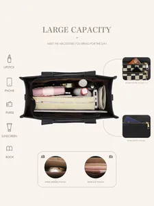Detailed view of large PU leather tote bag capacity with five functional storage pockets