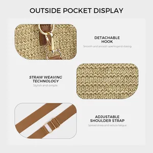Women's woven straw tote bag with brown leather details and adjustable canvas strap
