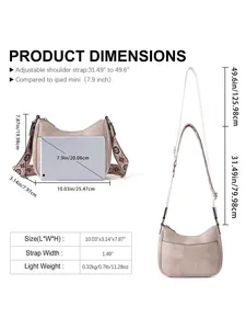 Detailed size chart of crossbody crescent bag showing dimensions and adjustable strap info