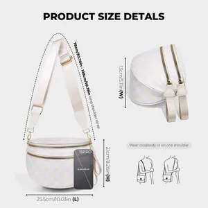 Size guide for checkerboard shell bag showing dimensions and adjustable strap length