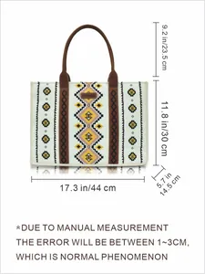 Detailed size chart showing dimensions of the Bohemian canvas tote bag with brown leather handles