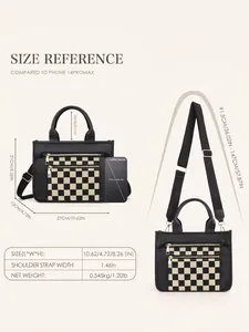 Detailed size guide for black PU leather crossbody tote bag with checkerboard pattern