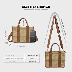 Straw tote bag size guide with measurements and iPhone 14 Pro Max for scale