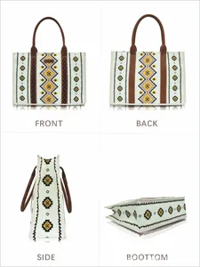 Detailansichten der Vorder-, Rück- und Seitenansicht dieser Boho-Geometrie-Tragetasche