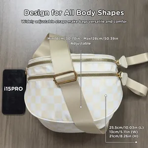 Cream checkered nylon shoulder bag with two zipper compartments and adjustable strap