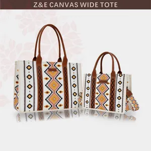 Böhmische Aztekische Geometrische Segeltuch Einkaufstasche Für Damen Vintage Südwestliches Muster Schultertasche Mit PU Ledergriff Groß Klein