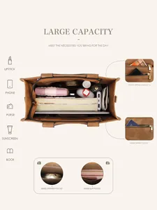 Detail view of large capacity brown PU leather tote bag with internal storage compartments