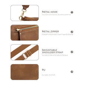 Sac bandoulière classique en cuir PU marron avec bandoulière réglable et détails dorés