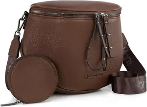 Dark brown pebble leather crescent crossbody bag with a round coin pouch and wide strap