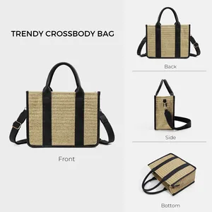 Multi-angle view of a woven straw tote bag with black leather trim and adjustable strap