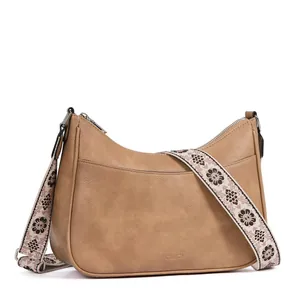 Detail of khaki PU leather shoulder bag with floral jacquard strap and metal zipper