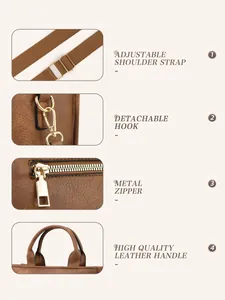 Macro view of adjustable fabric strap, golden hooks, metal zipper and leather handle
