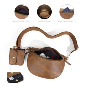 Sac bandoulière classique en cuir PU marron avec large sangle et pochette amovible
