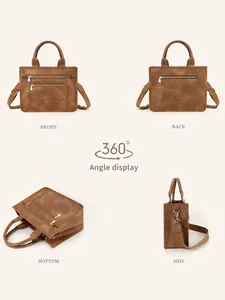 Brown PU leather handbag featuring a 360-degree angle display with multi-view perspective