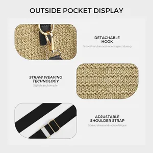 Detail view of woven straw tote featuring gold-tone hardware and adjustable shoulder strap