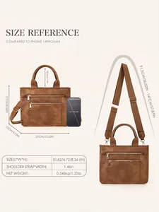 Size chart for brown PU leather tote bag with dimensions and phone size comparison