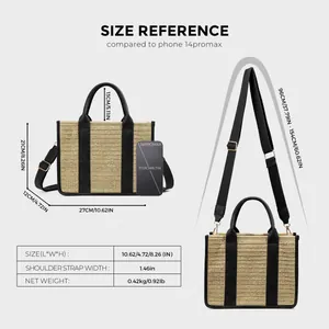 Size chart for women straw tote bag showing dimensions and adjustable strap length