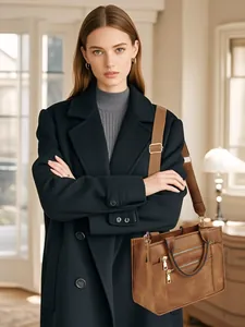 Brown PU leather shoulder bag with wide textile strap and double gold zippers detail
