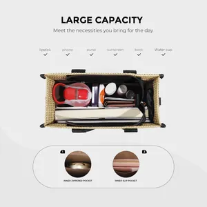 Top view of woven straw tote bag interior showing large capacity and zipper pocket