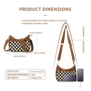 Checkerboard crescent shoulder bag with adjustable strap and dimension specifications