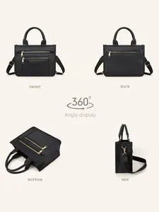 Detail views of black PU shoulder bag with metal zippers and detachable strap