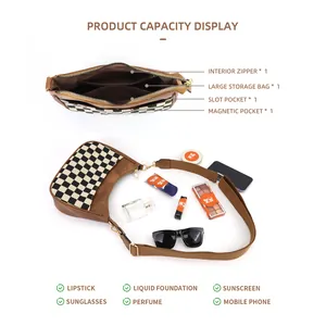 Checkboard crescent shoulder bag with adjustable strap and large interior capacity