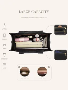 Macro view of the spacious inner compartment and multiple pockets of this black PU tote