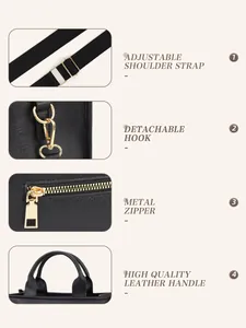Detail view of adjustable strap, golden hardware, zipper and leather handle for women bag