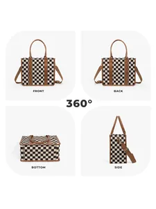 Multi-angle views of a checkered straw tote bag with brown leather handles and strap