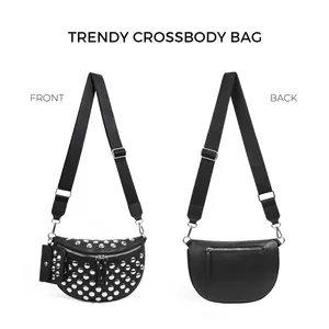 Vue détaillée avant et arrière d'un sac bandoulière en similicuir noir à clous