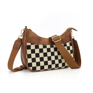 Retro checkered crescent shoulder bag with brown faux leather and adjustable strap